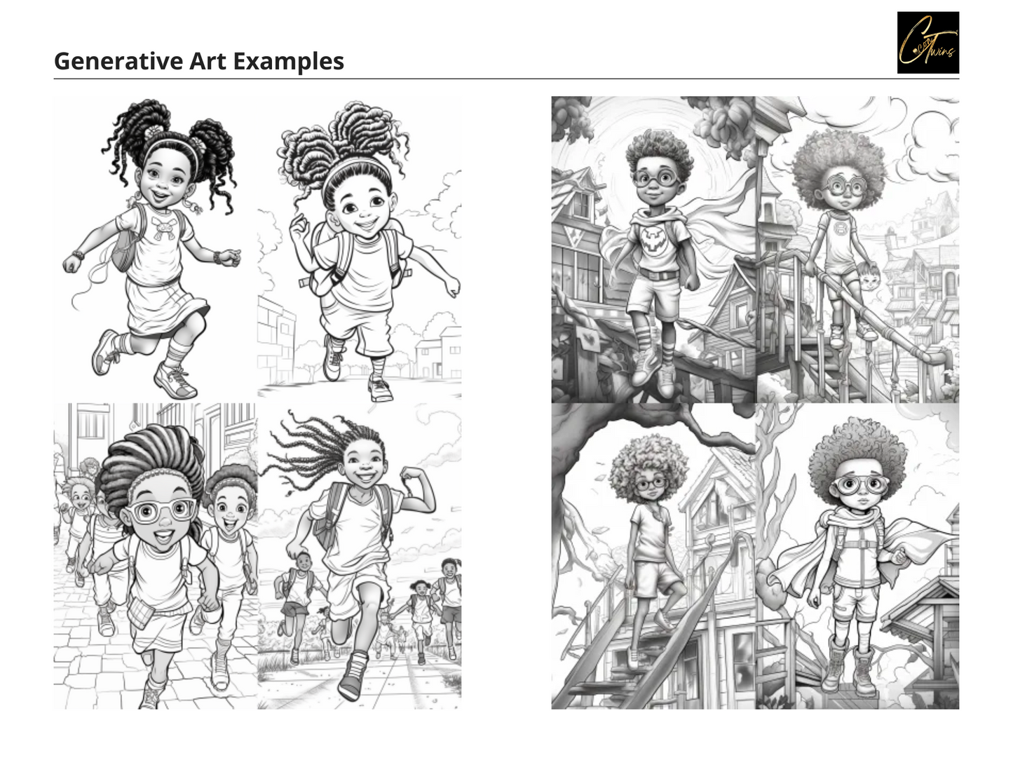 Prompt Guide - Coloring Pages Featuring African American Children | 60 MidJourney Prompts | 12 Word Prompts | 48 Visual Prompts | Customize