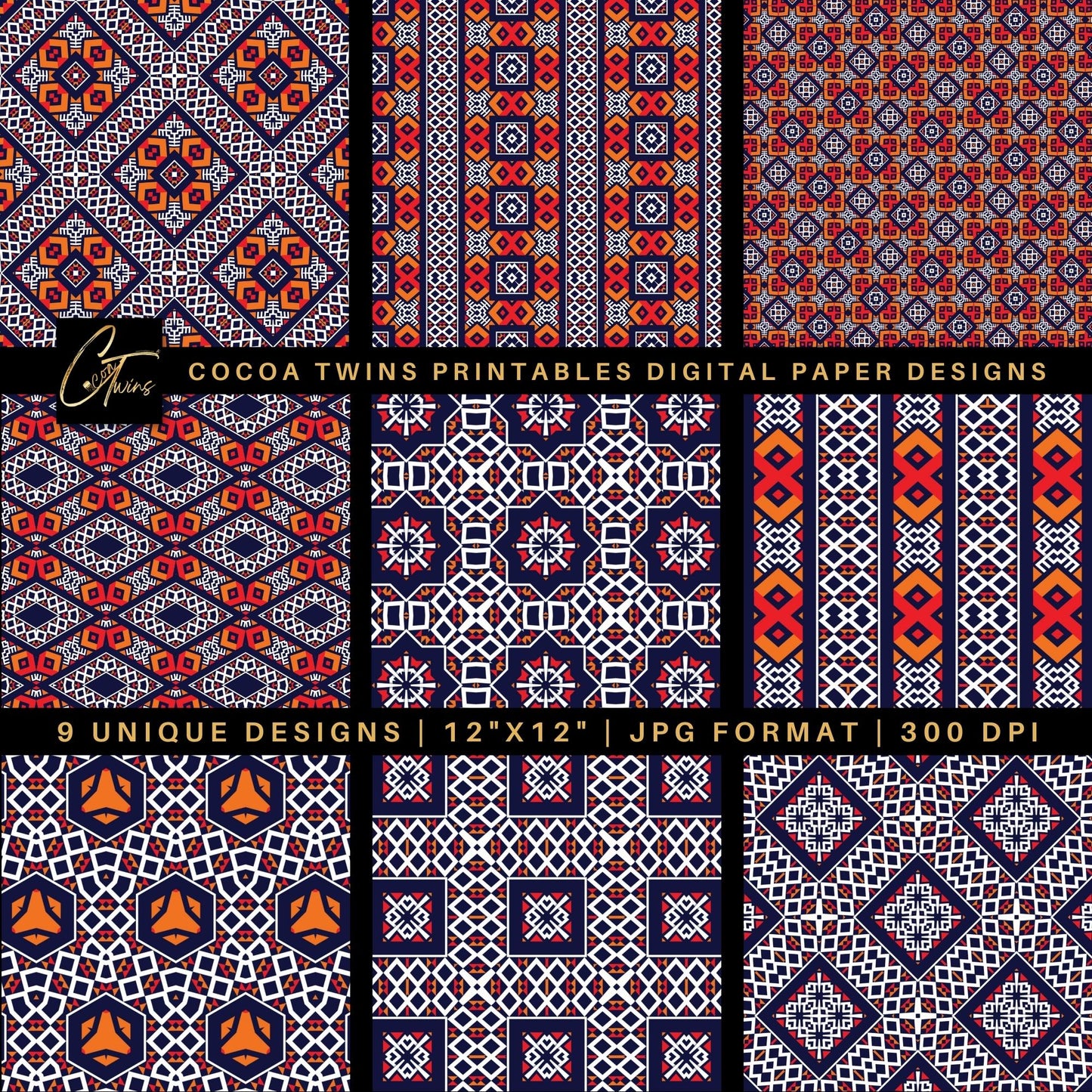 Digital Paper - Bohemian Inspired Navy and White