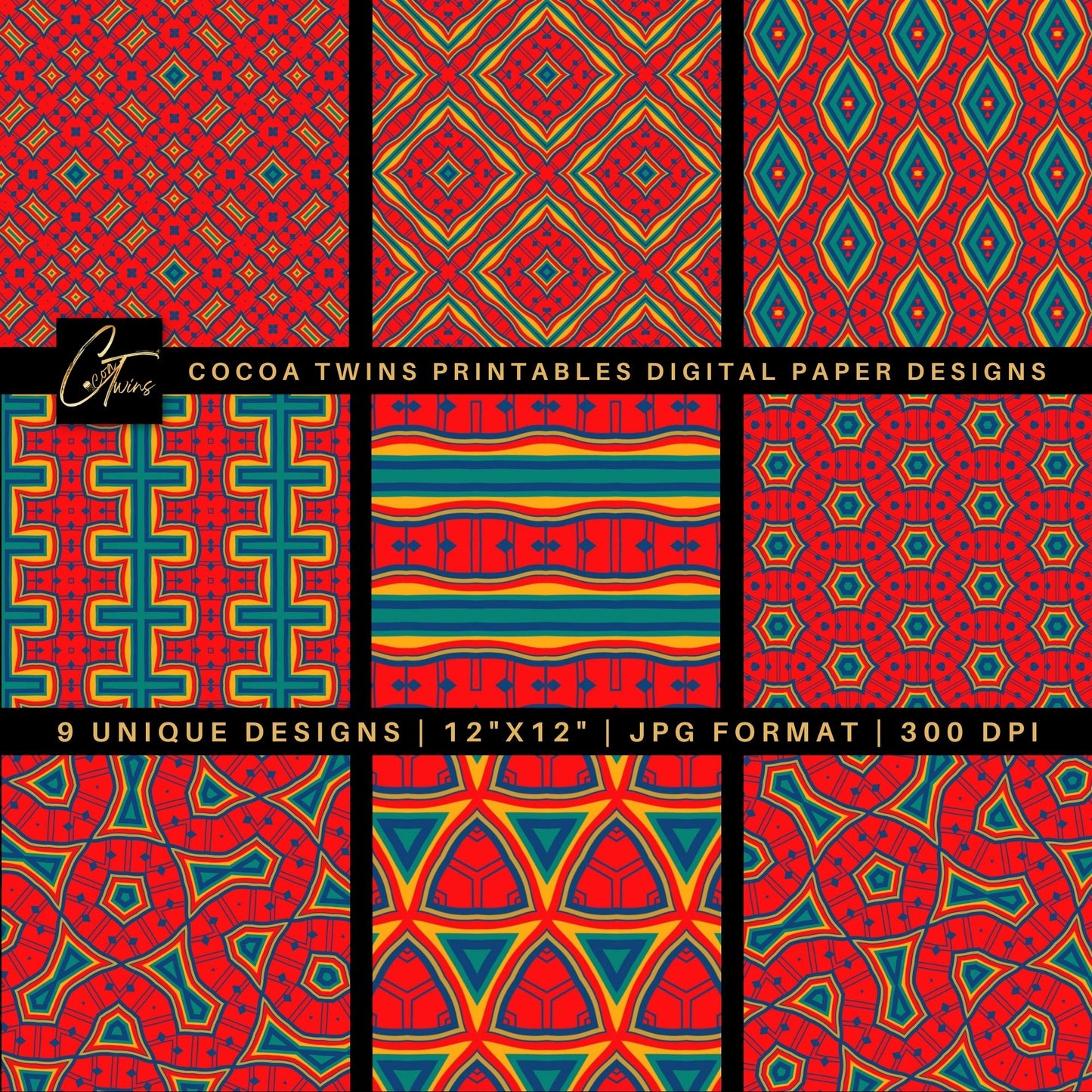 Digital Paper - Bohemian Inspired Red and Teal
