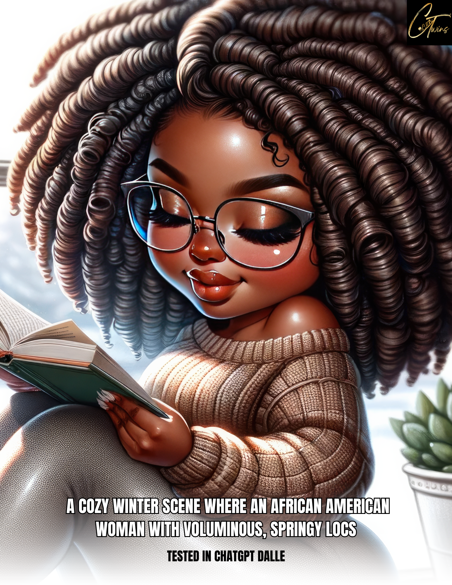 Prompt Base |  A cozy winter scene where an African American woman with voluminous, springy locs