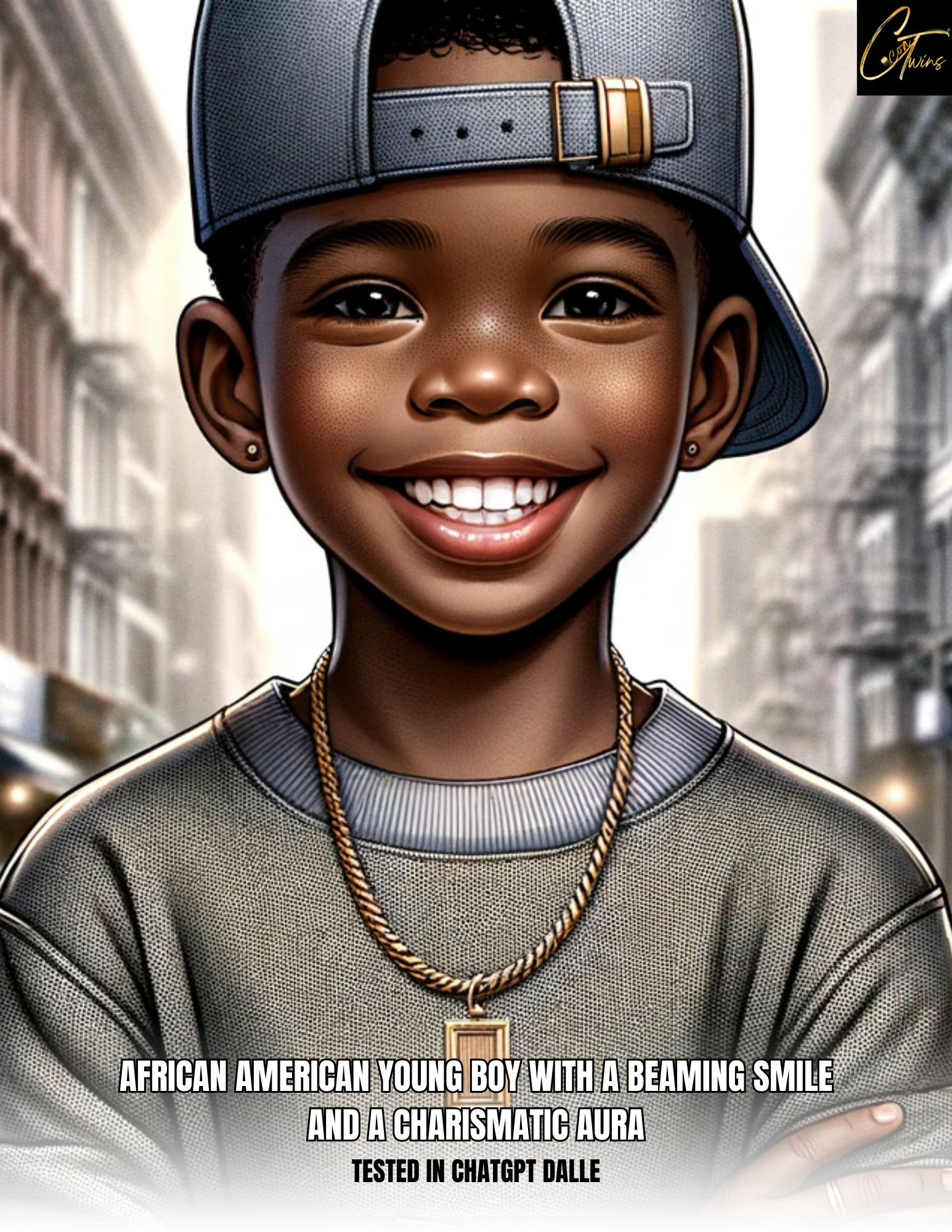 Prompt Base | African American young boy with a beaming smile and a charismatic aura