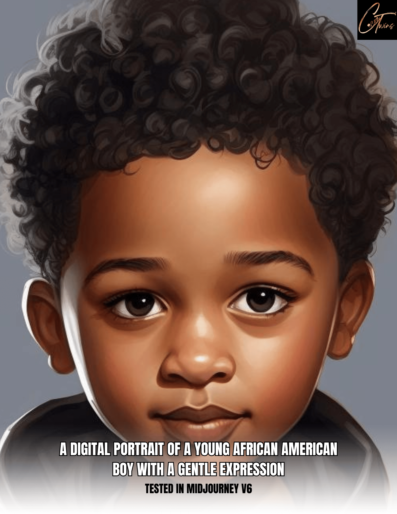 Prompt Base | A digital portrait of a young African American boy with a gentle expression - Cocoa Twins