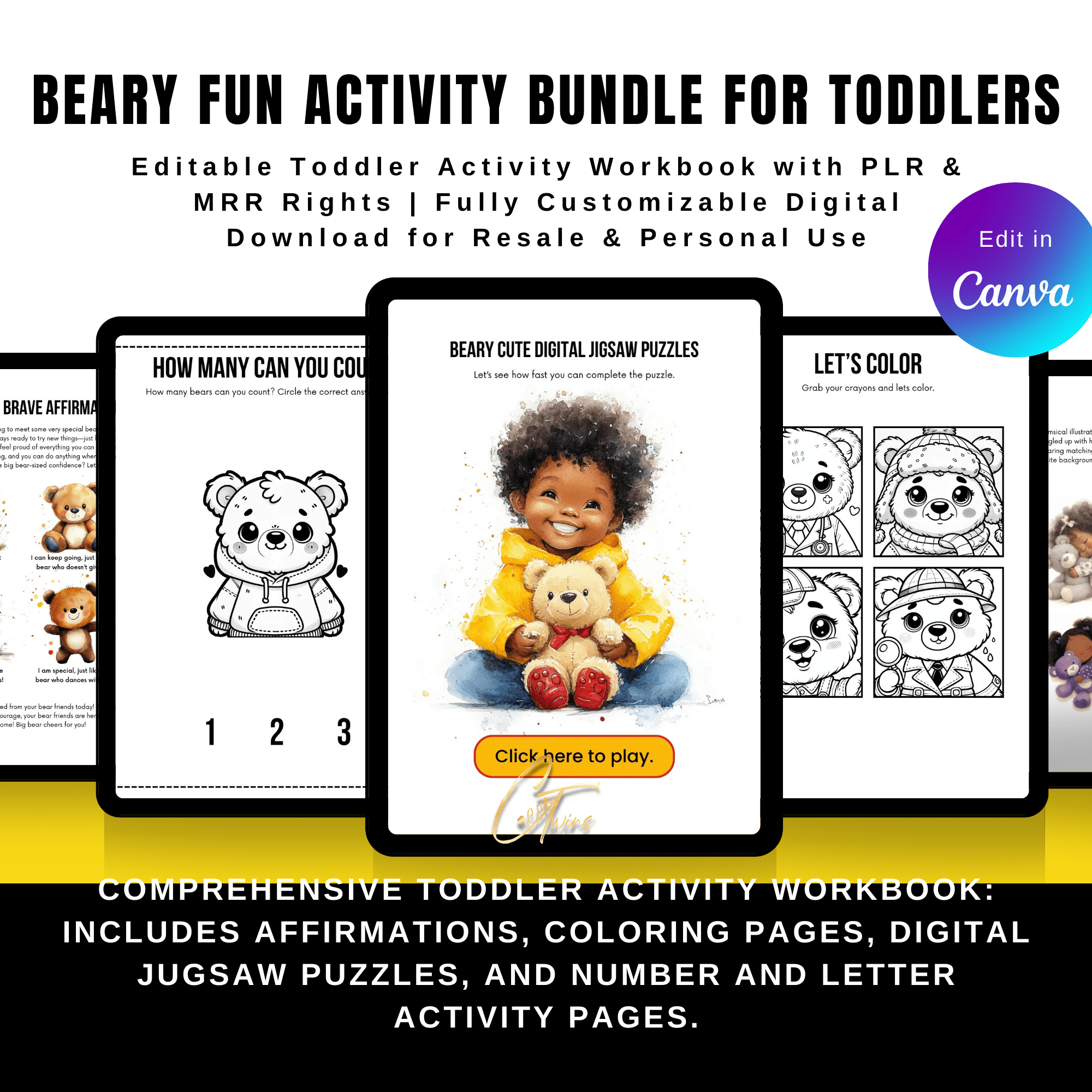 Toddler Workbook with Resell Rights | Editable in Canva | PLR & MRR | Sellable Learning Resource for Parents, Teachers & Entrepreneurs - Cocoa Twins