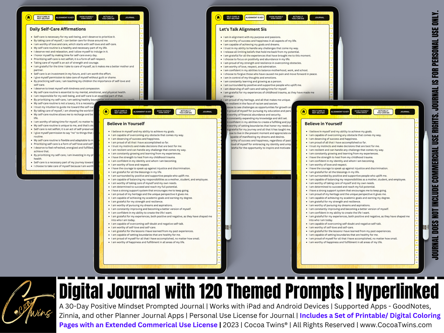 Mindset Matters - Self Care is Not Selfish | A Hyperlinked Digital Journal with 120 Themed Prompts